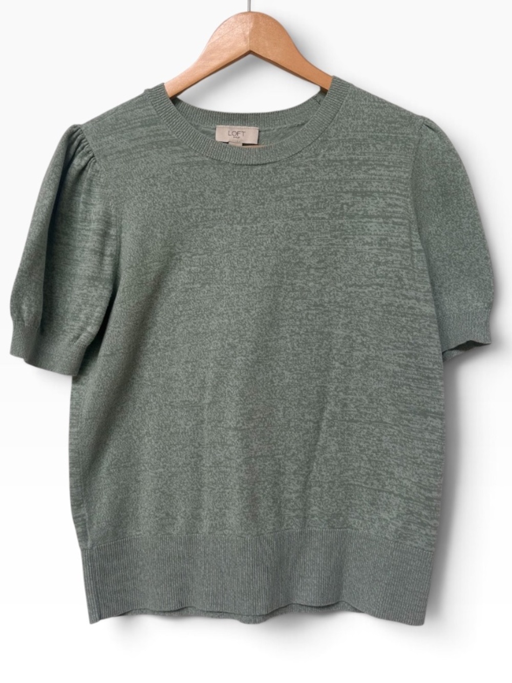LOFT Sage Green Short Puff Sleeve Fine Knit Sweater Top Petite Extra Small